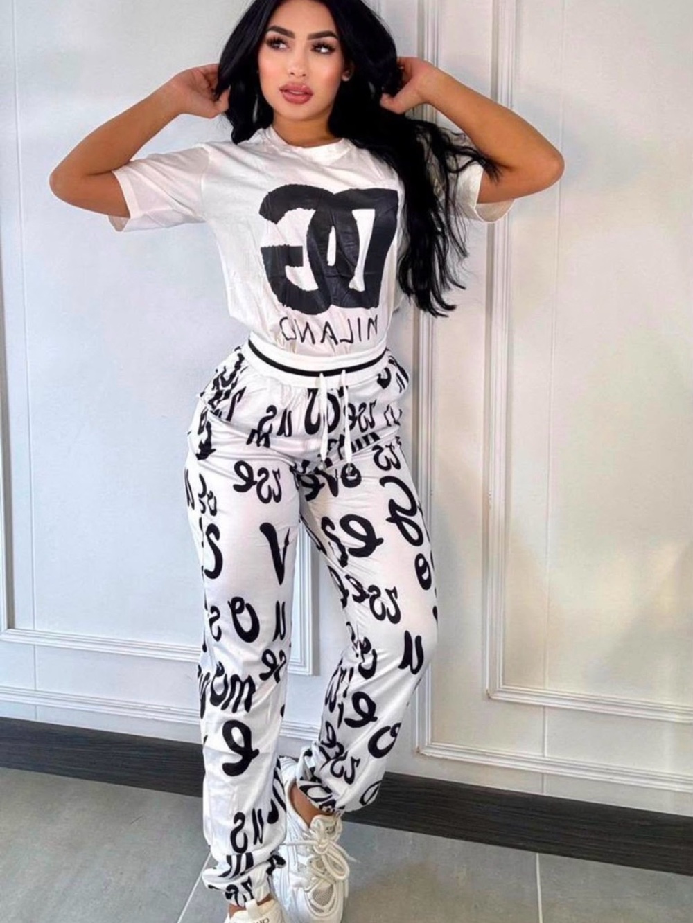 Graphic Script Print White Jogger Pants with matching tshirt size S